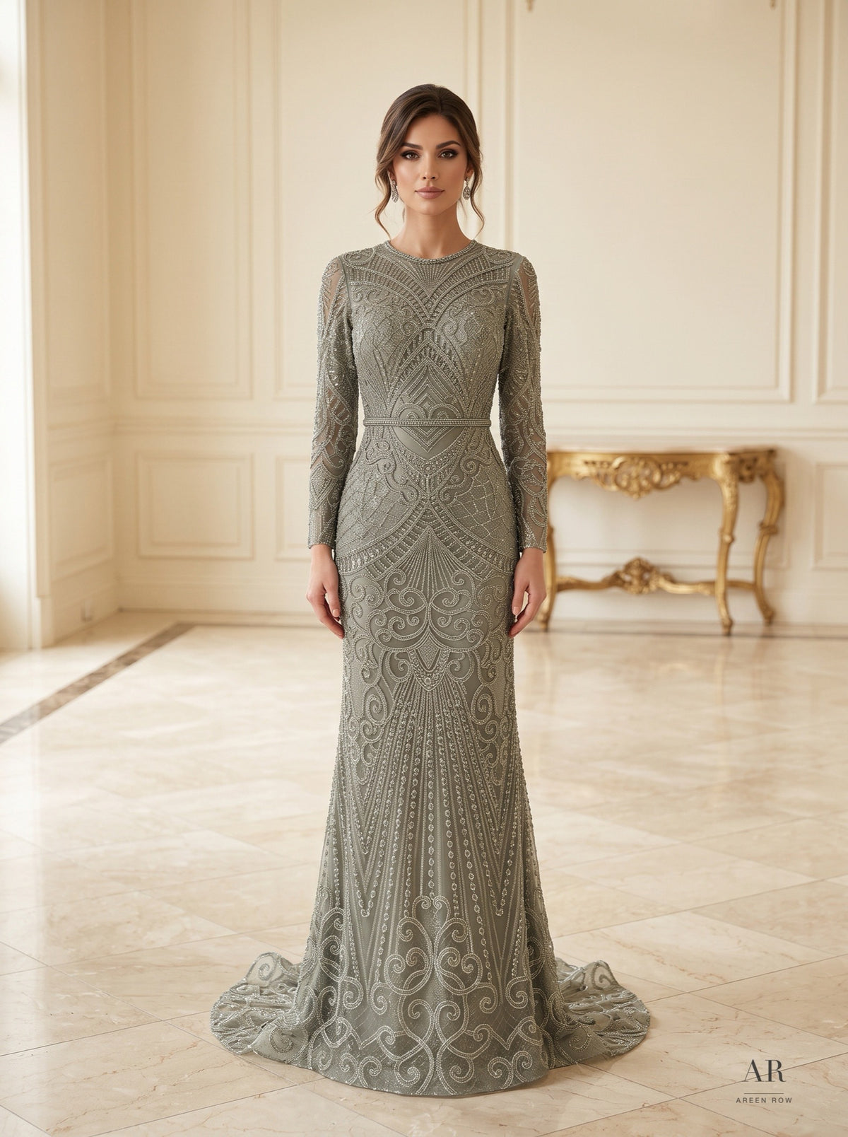 Maia geometric beaded trumpet evening gown by Areen Row, detail view