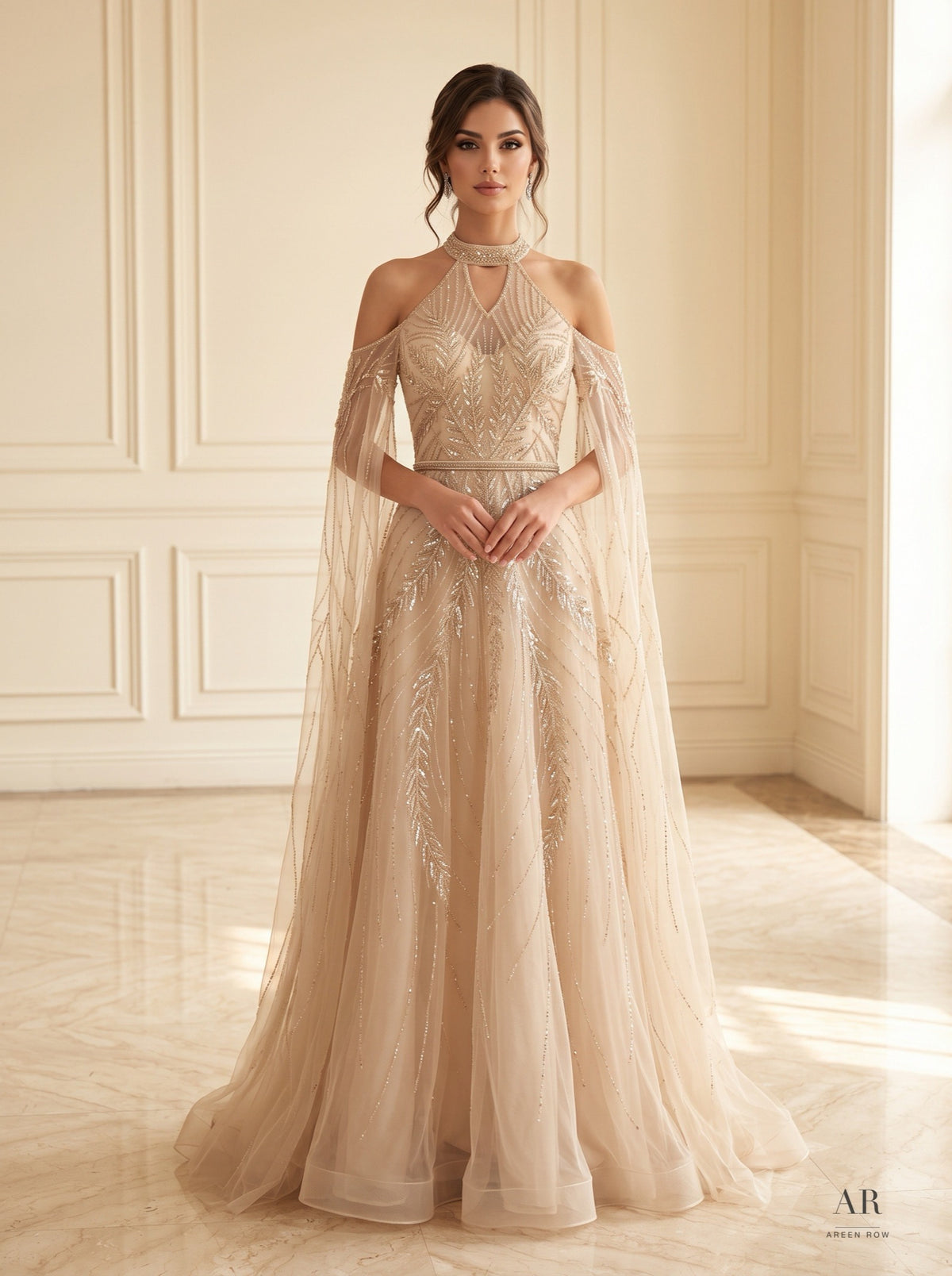 Malika beaded botanical cape-sleeve a-line evening gown by Areen Row, front view