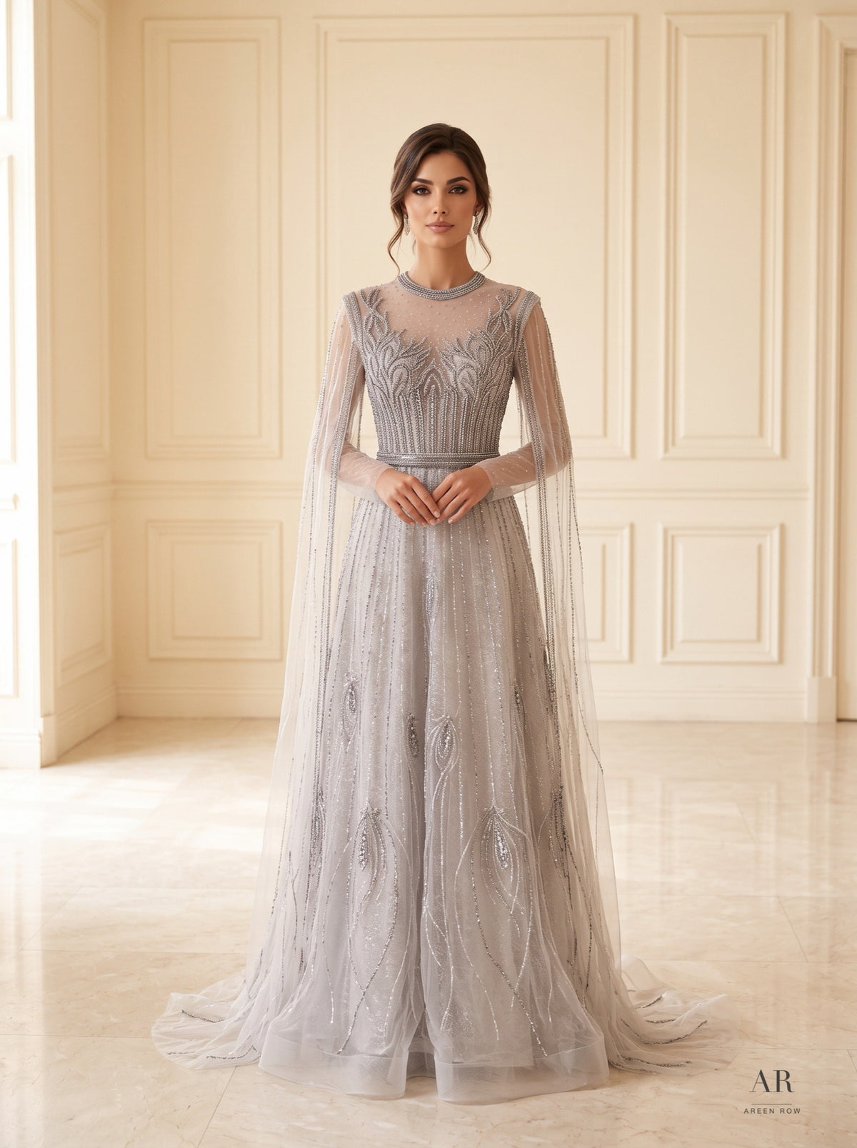 Malika beaded botanical cape-sleeve a-line evening gown by Areen Row, detail view