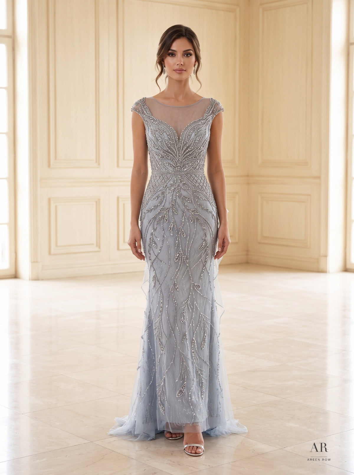 Margaux beaded cap-sleeve sheath evening gown by Areen Row, front view