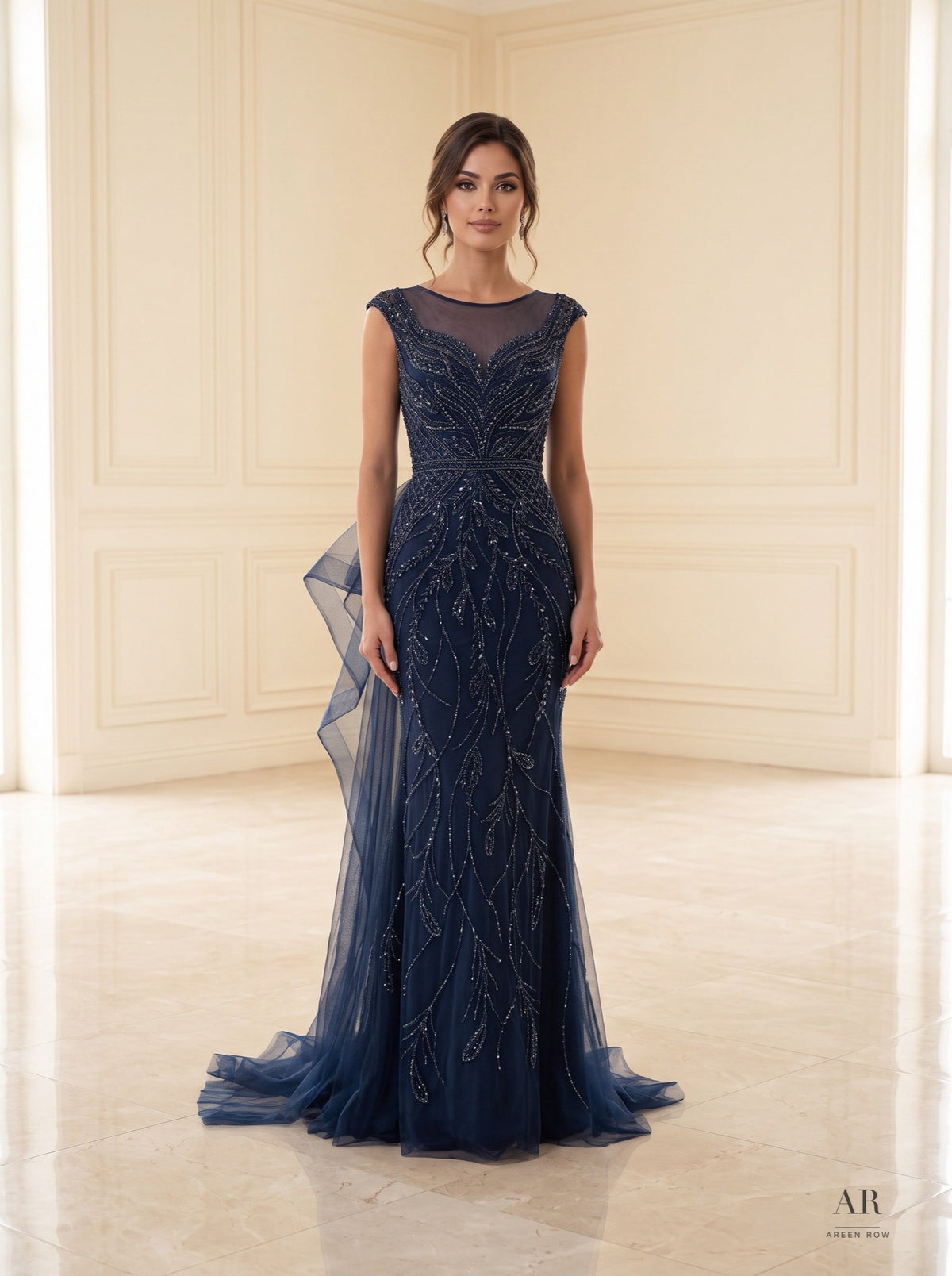 Margaux beaded cap-sleeve sheath evening gown by Areen Row, detail view