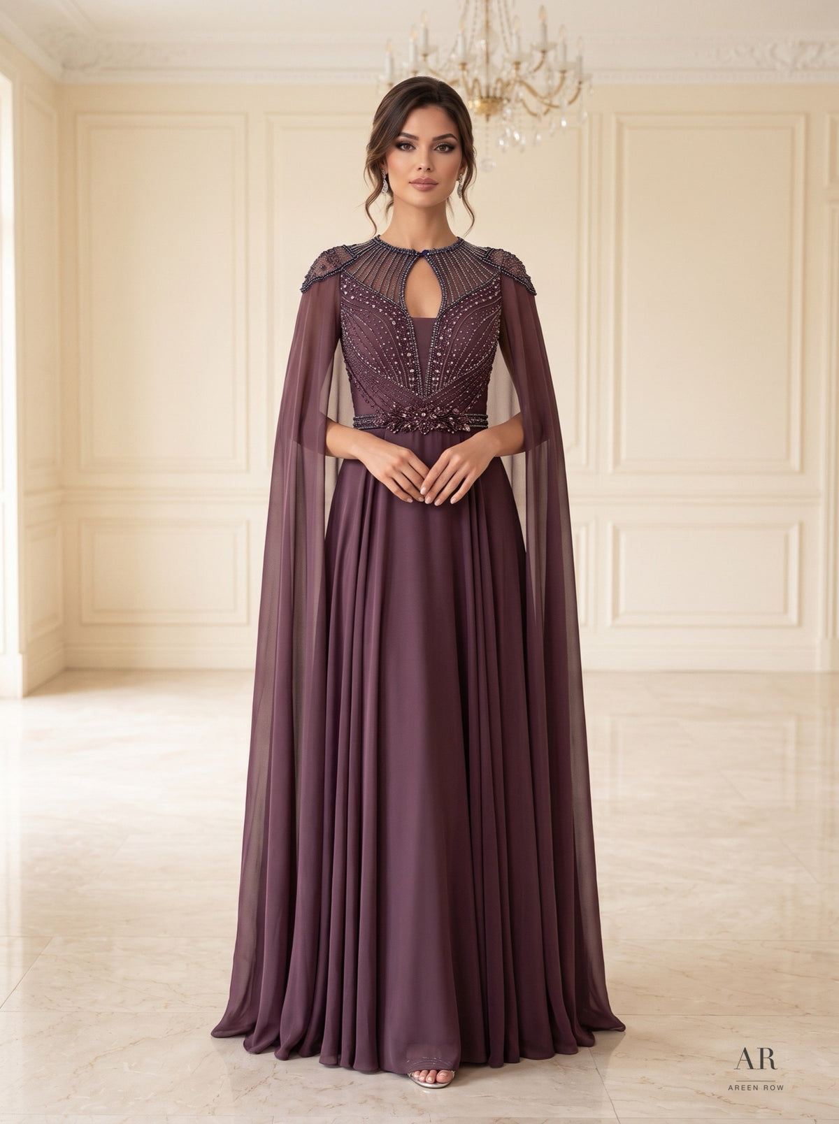 Marguerite plum beaded keyhole cape-sleeve evening gown by Areen Row