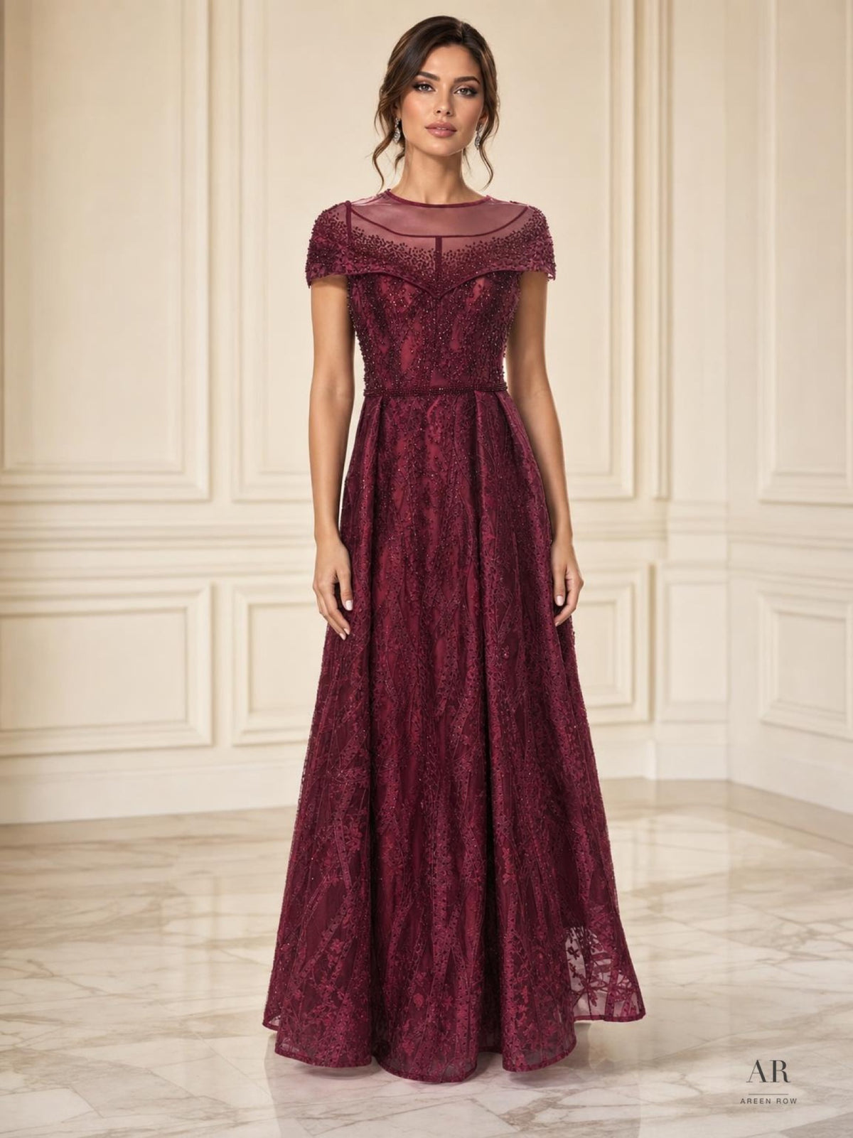 Marianne burgundy illusion neckline beaded a-line evening gown by Areen Row