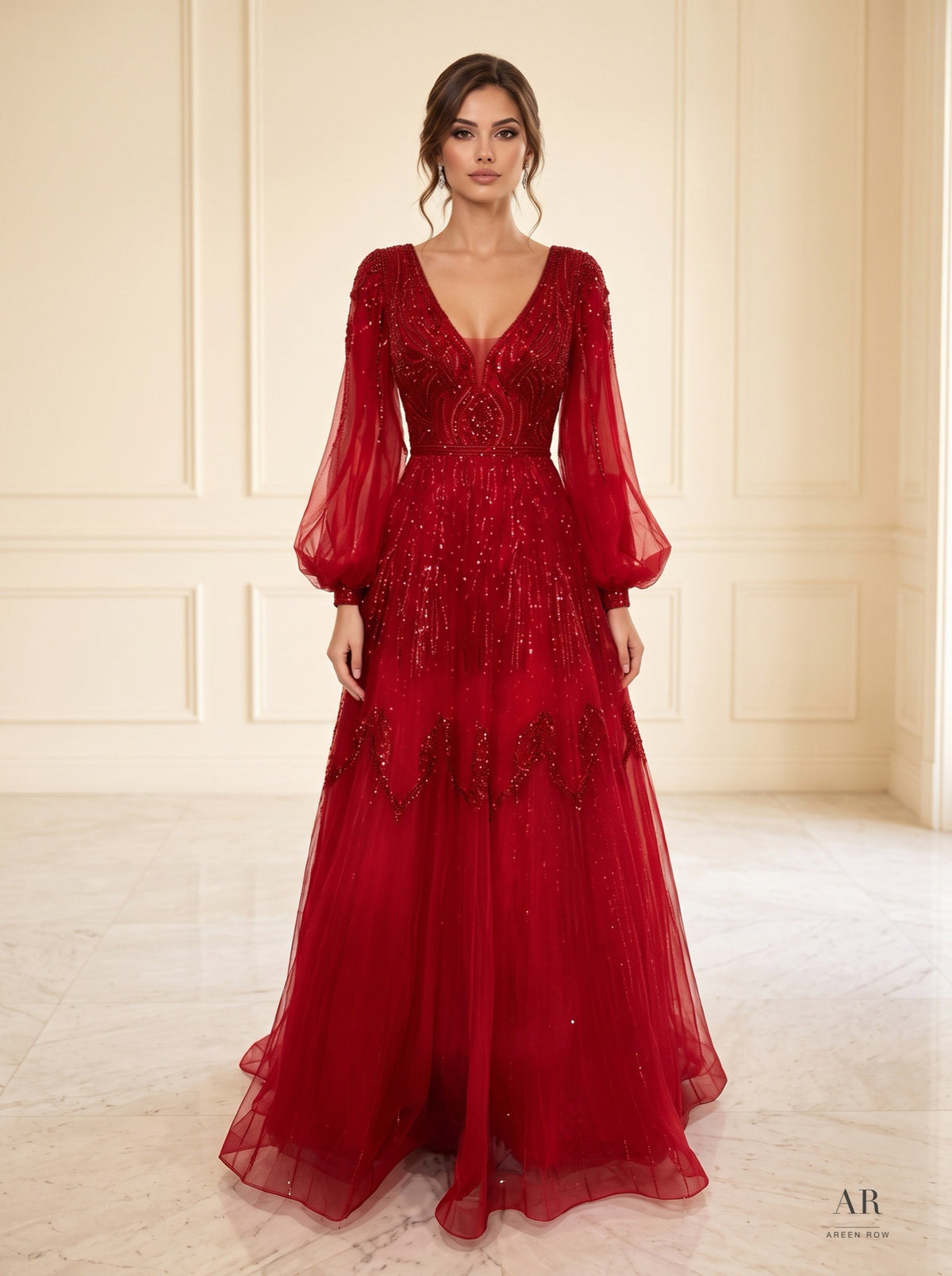 Marisol beaded illusion puff-sleeve evening gown by Areen Row, front view