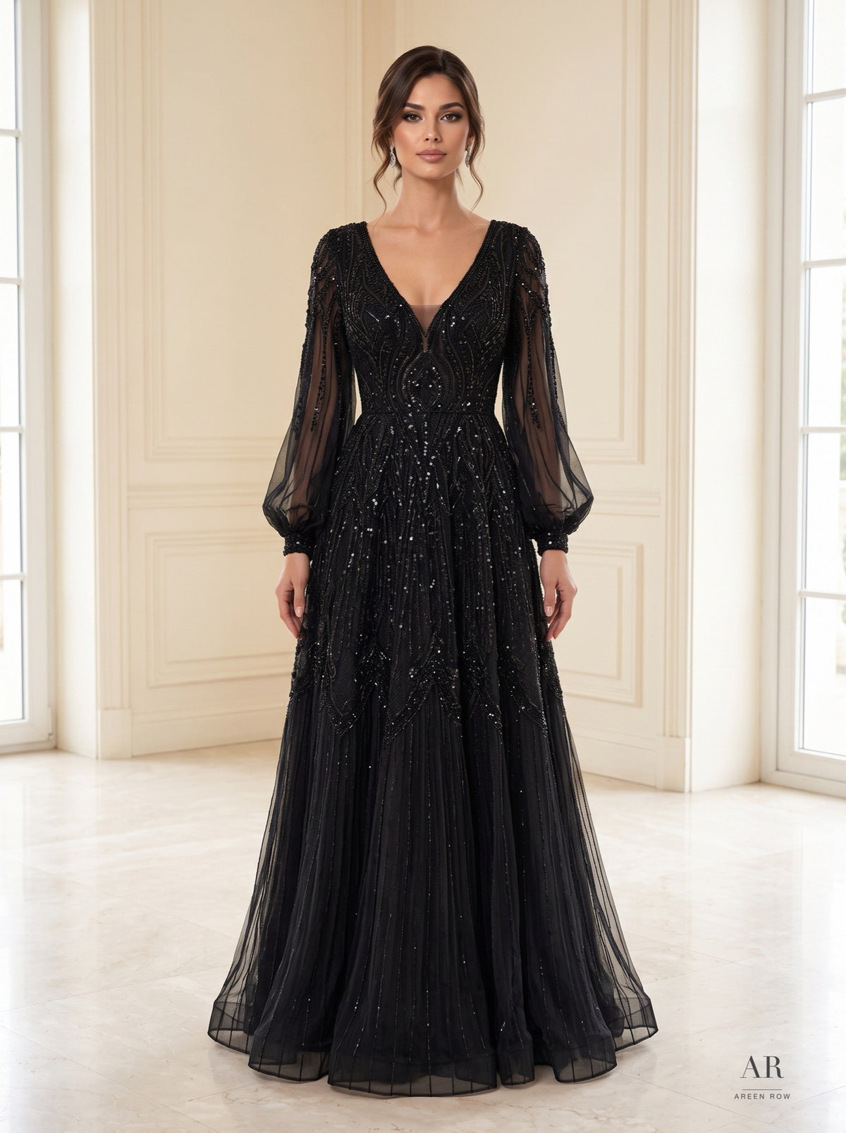 Marisol beaded illusion puff-sleeve evening gown by Areen Row, detail view