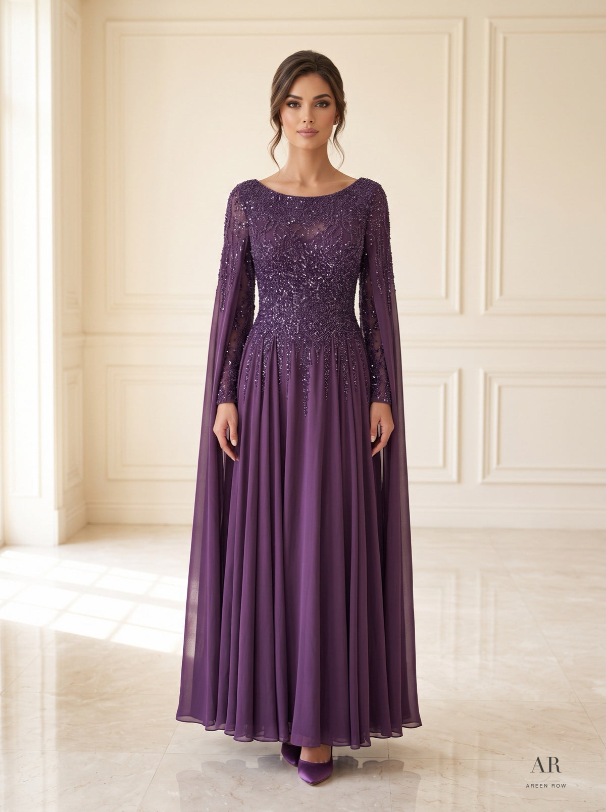 Maryam purple beaded bodice cape a-line evening gown by Areen Row