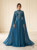 Mina teal beaded illusion cape evening gown by Areen Row
