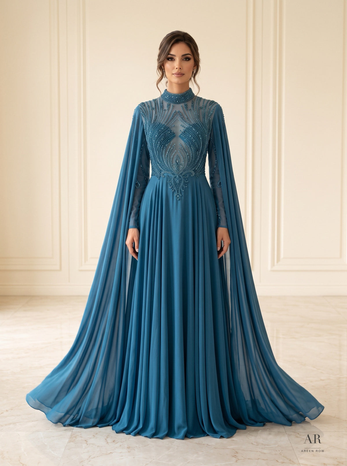 Mina teal beaded illusion cape evening gown by Areen Row