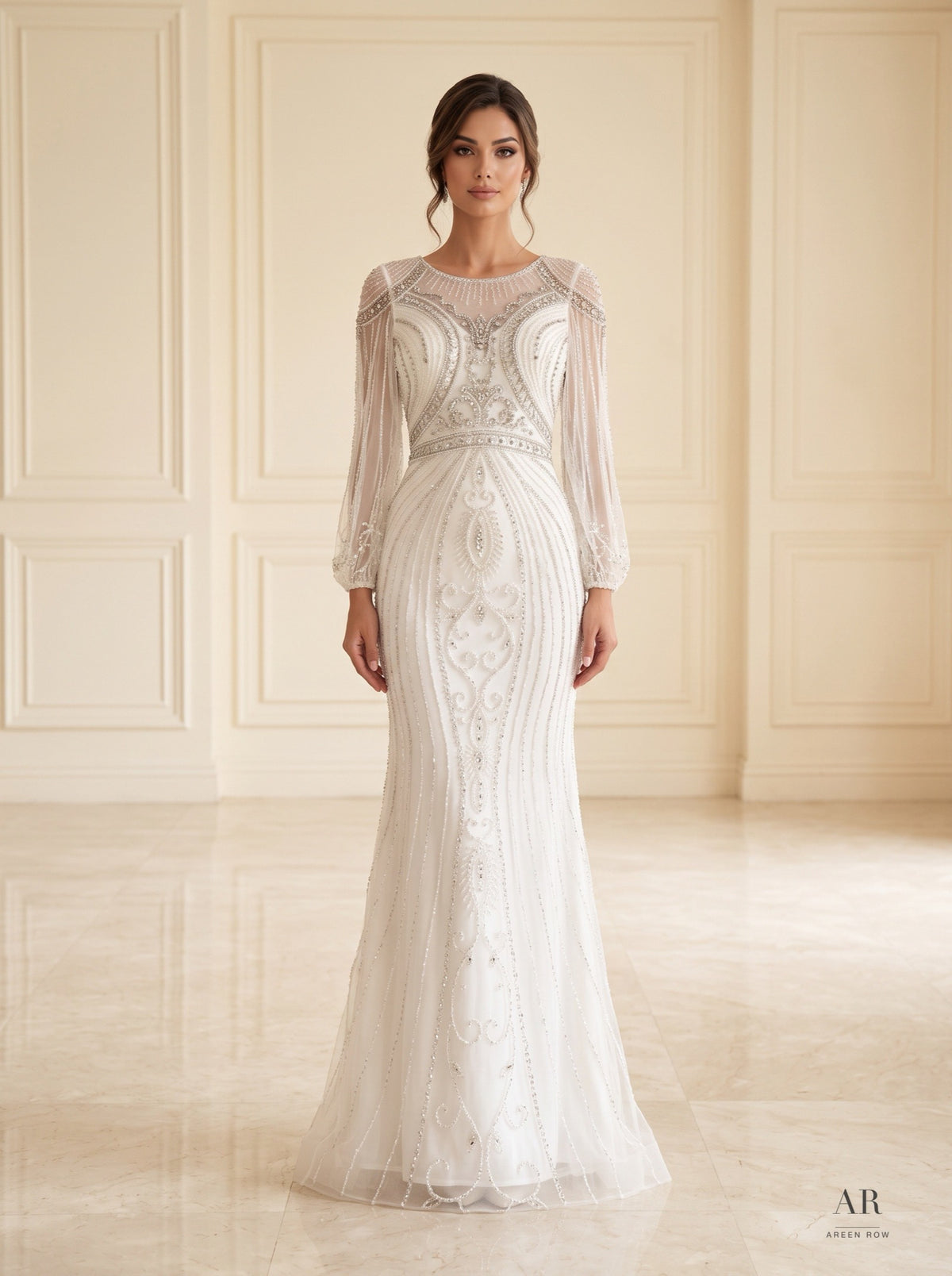 Nadia ivory beaded art deco illusion sheath wedding dress by Areen Row