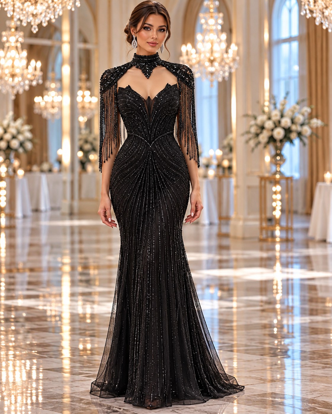 Nadira black choker sweetheart mermaid evening gown by Areen Row, detail view