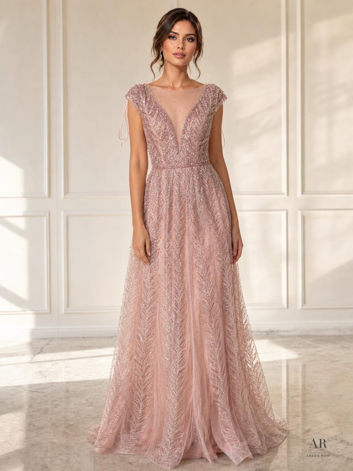 Nadja dusty rose sparkling illusion v-neck a-line evening gown by Areen Row