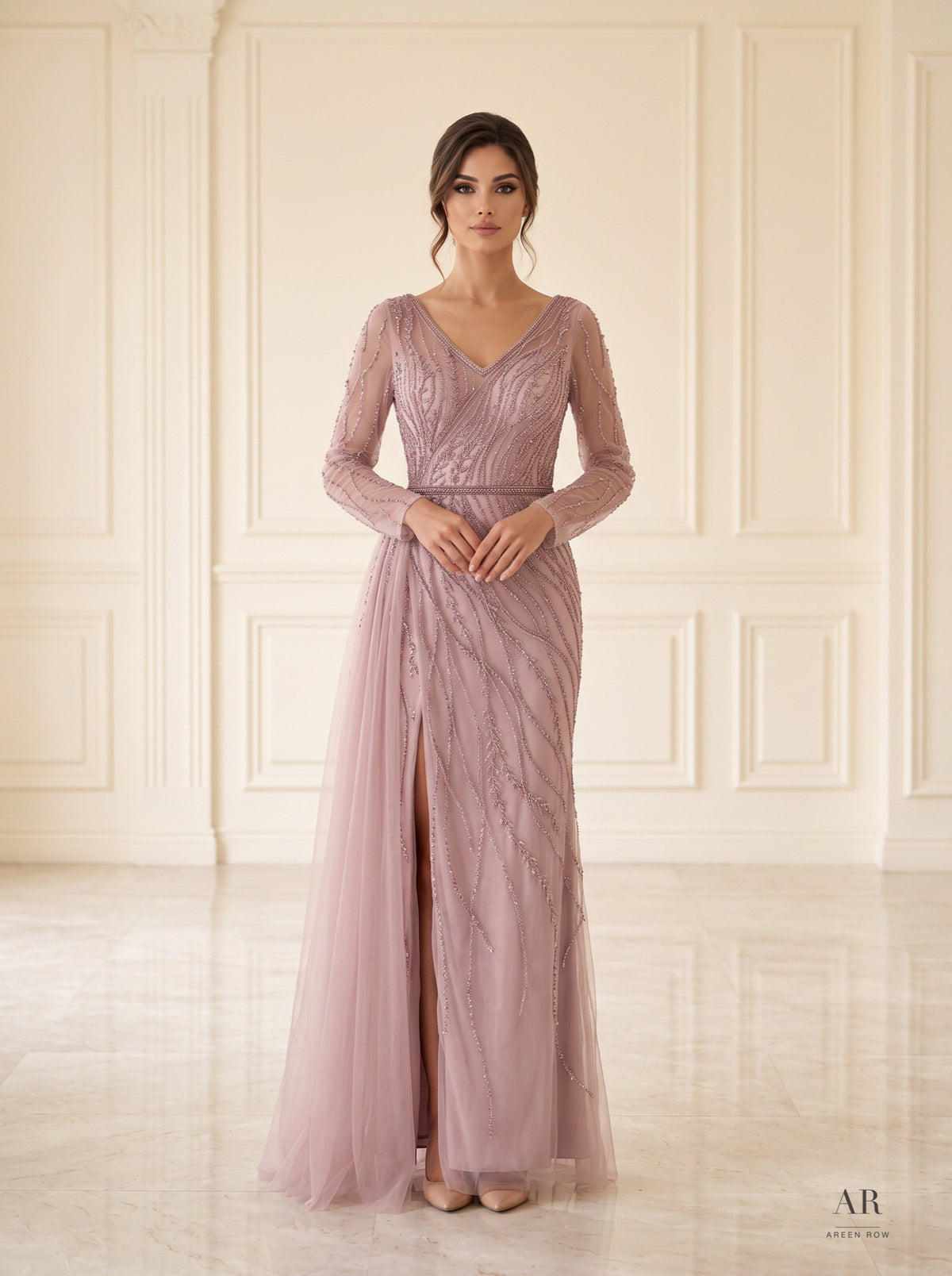 Naima mauve wavy beaded slit tulle evening gown by Areen Row