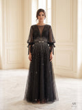 Narin black starburst illusion puffed-sleeve evening gown by Areen Row