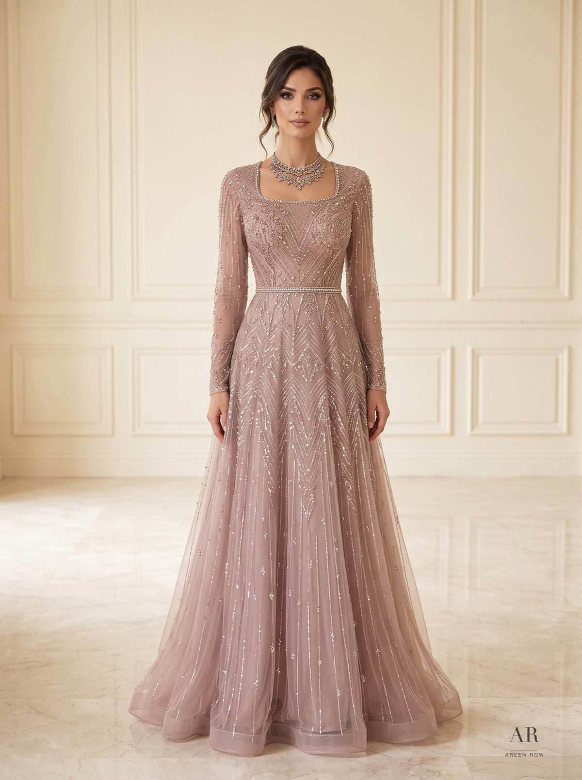 Nell mauve geometric beaded a-line evening gown by Areen Row