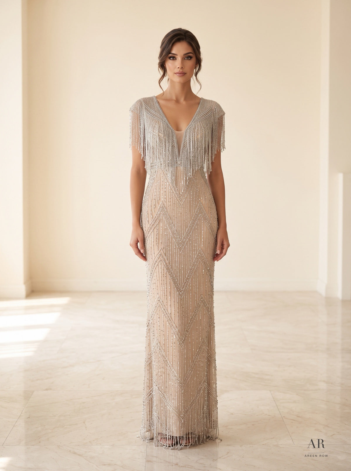 Nerissa nude fringe beaded sheath evening gown by Areen Row
