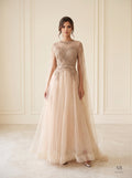 Nilufar nude beaded illusion cape evening gown by Areen Row