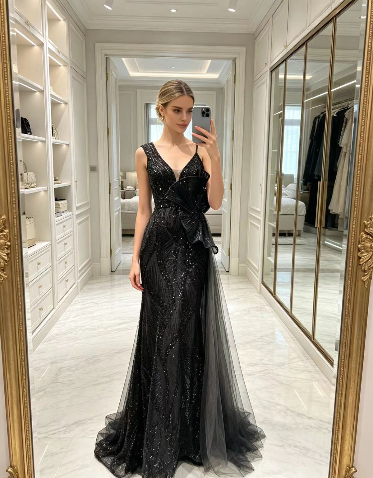 Nocturne black sequin v-neck tulle evening gown by Areen Row, detail view