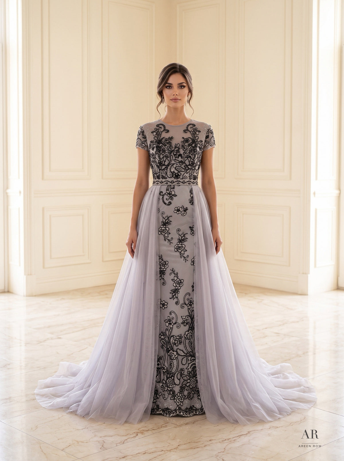 Noelle grey beaded short-sleeve illusion a-line evening gown by Areen Row