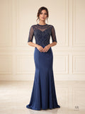 Nora navy beaded illusion trumpet evening gown by Areen Row