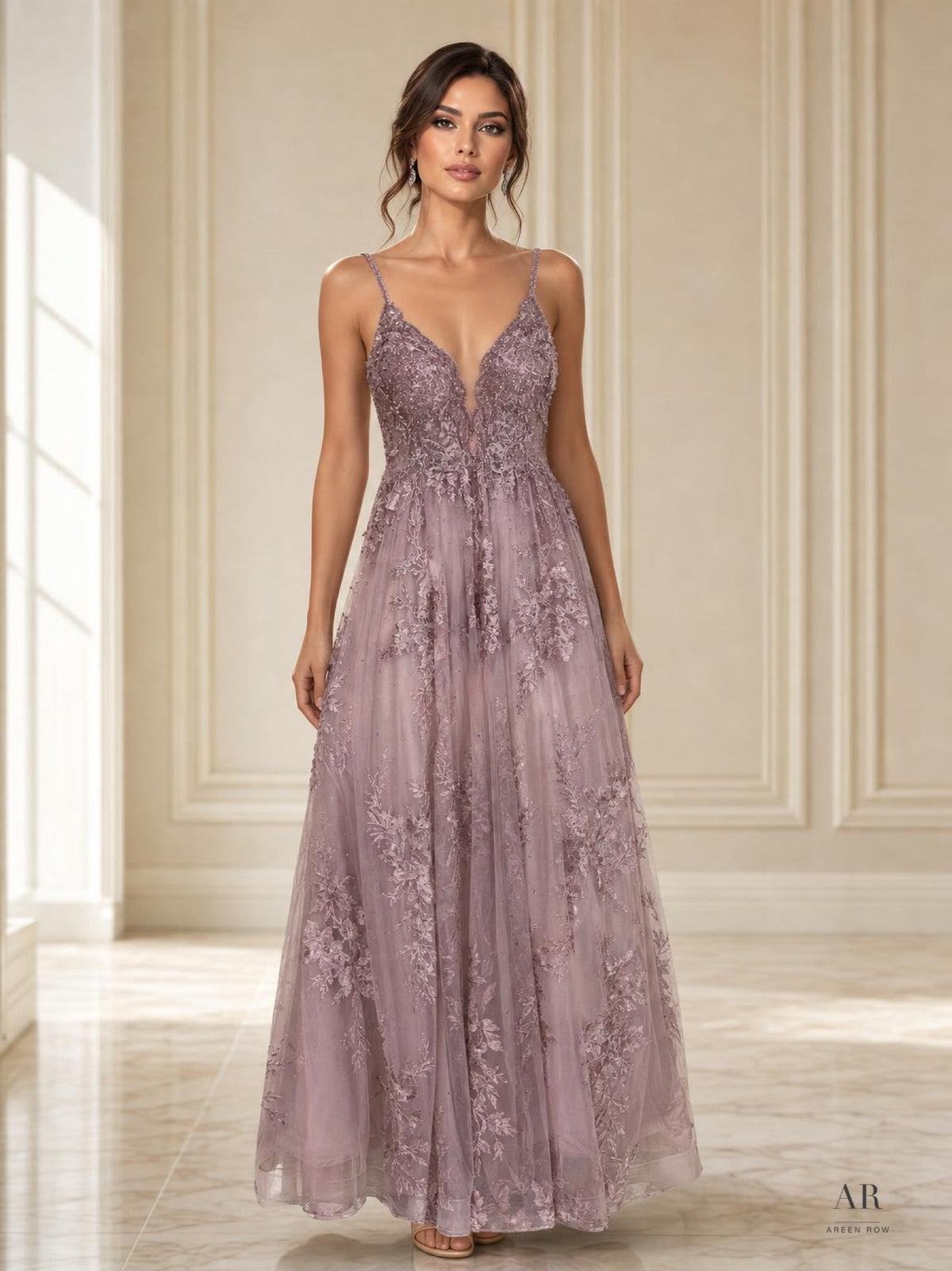 Odette lavender embroidered v-neck a-line evening gown by Areen Row