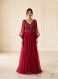 Ophelia red beaded illusion a-line evening gown by Areen Row
