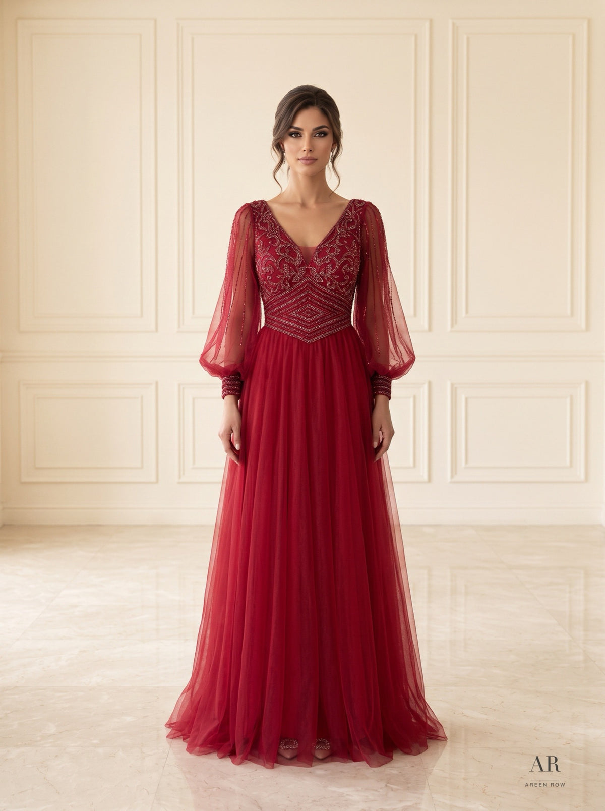 Ophelia red beaded illusion a-line evening gown by Areen Row