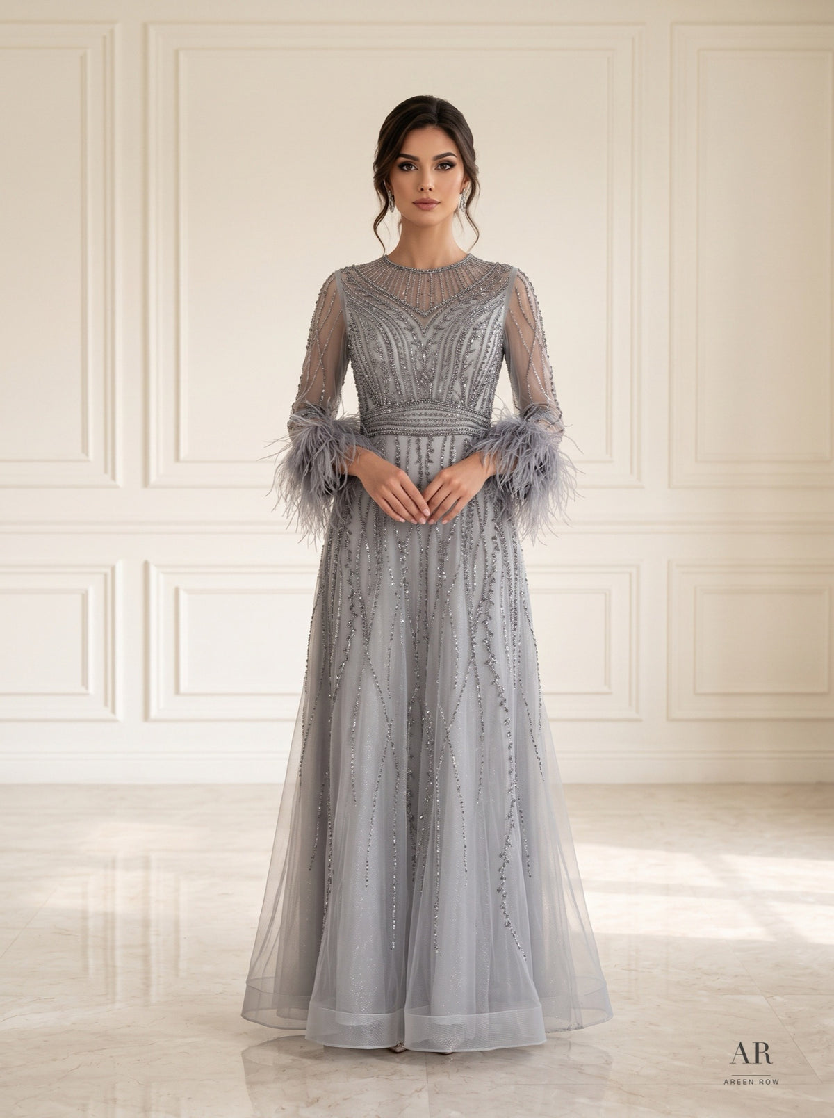 Oriana grey beaded art deco feather-cuff evening gown by Areen Row