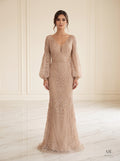 Ottilie champagne geometric beaded v-neck sheath evening gown by Areen Row