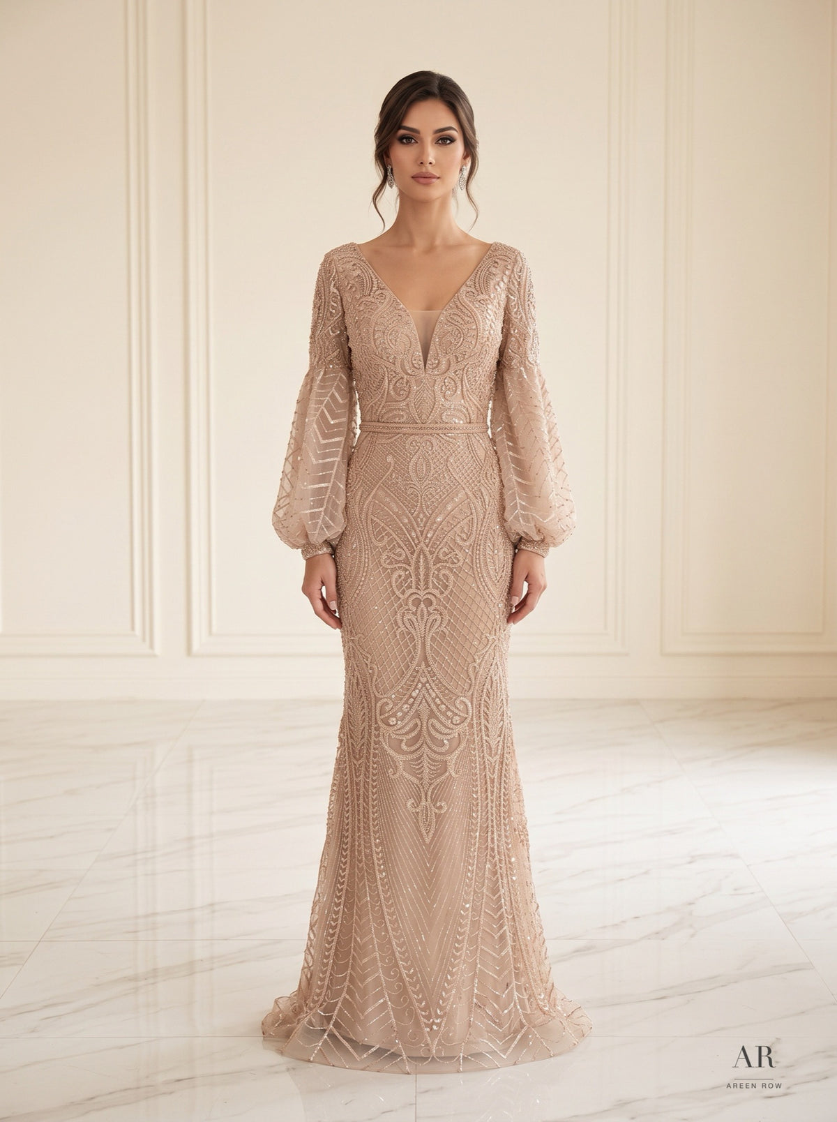 Ottilie champagne geometric beaded v-neck sheath evening gown by Areen Row