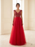 Paloma red glittering v-neck a-line evening gown by Areen Row