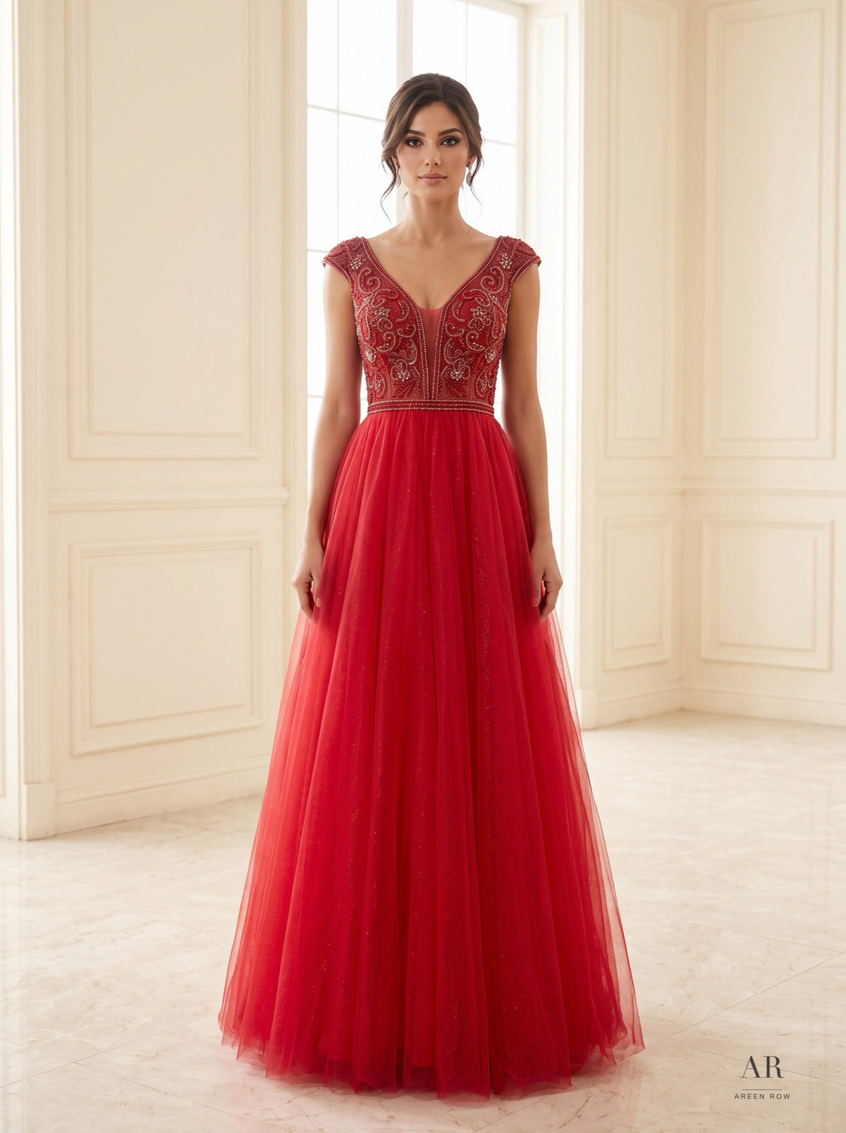 Paloma red glittering v-neck a-line evening gown by Areen Row