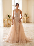 Perrine peach beaded a-line v-neck evening gown by Areen Row