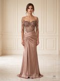Pervin rose gold beaded illusion three-quarter-sleeve sheath evening gown by Areen Row