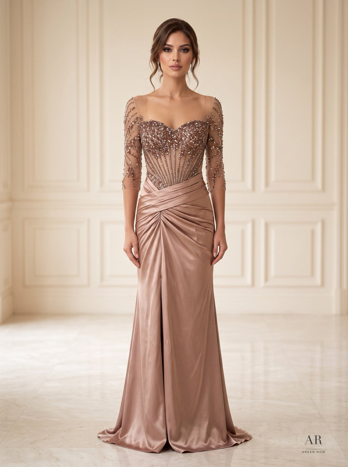 Pervin rose gold beaded illusion three-quarter-sleeve sheath evening gown by Areen Row