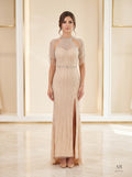 Petra peach beaded fringe illusion sheath evening gown by Areen Row