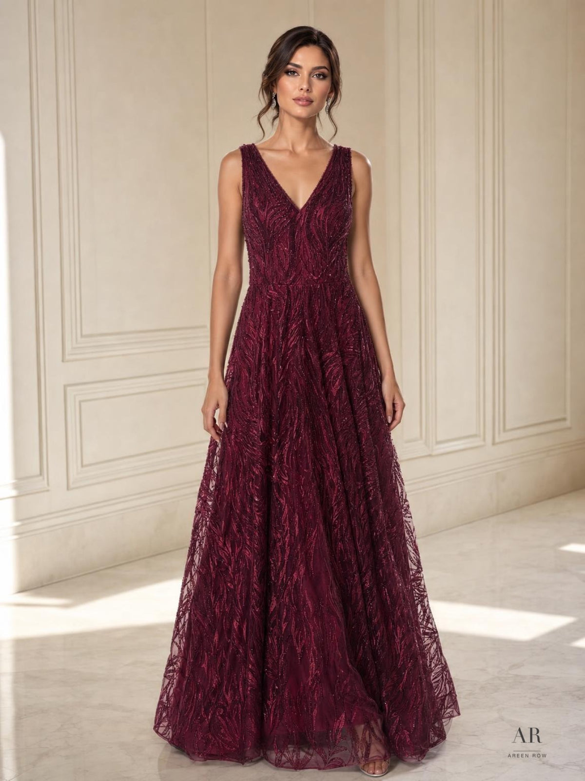 Philippa merlot merlot embroidered v-neck a-line evening gown by Areen Row
