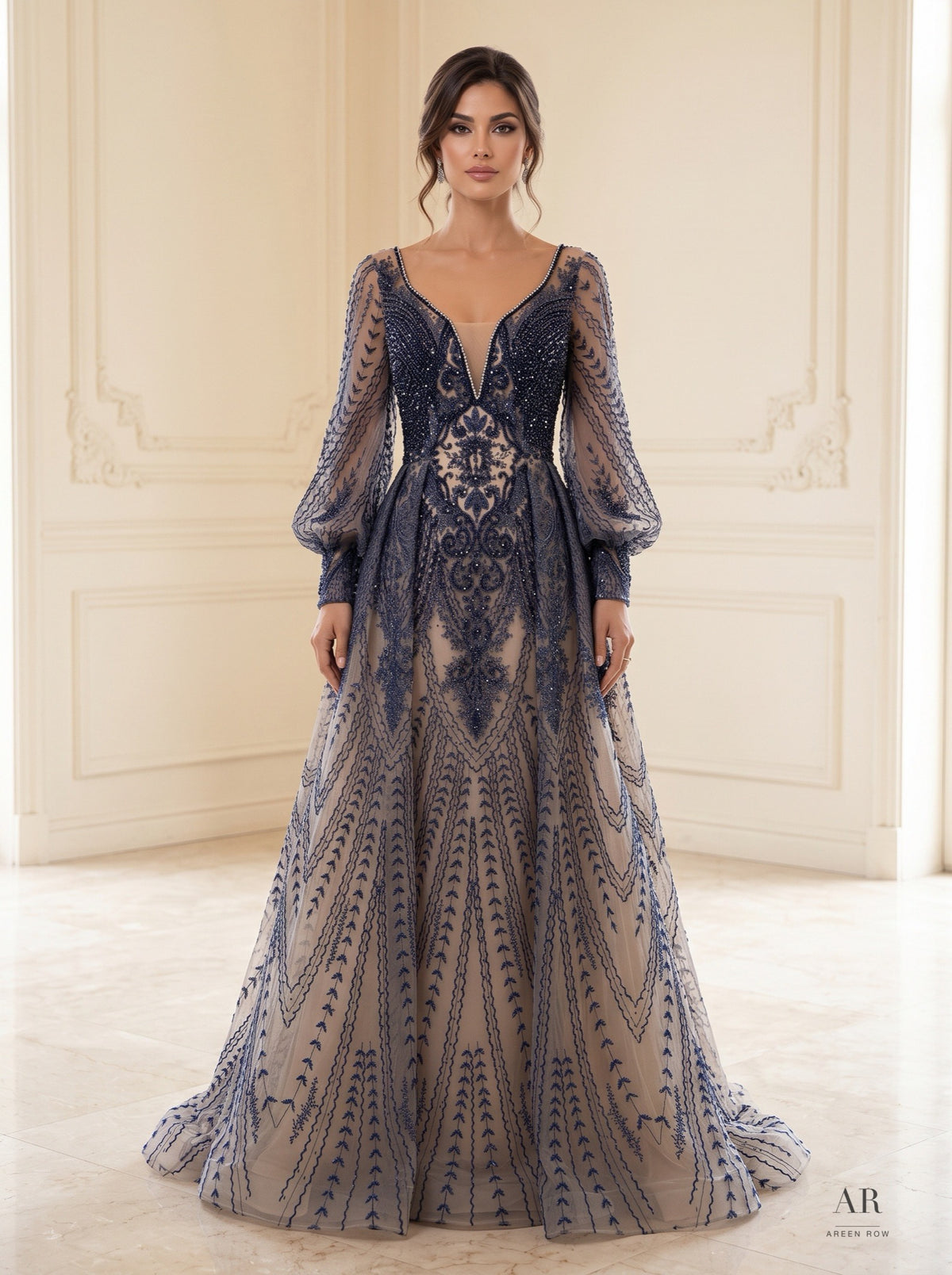 Pilar navy embroidered tulle illusion a-line evening gown by Areen Row