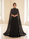 Rania black beaded high-neck cape evening gown by Areen Row
