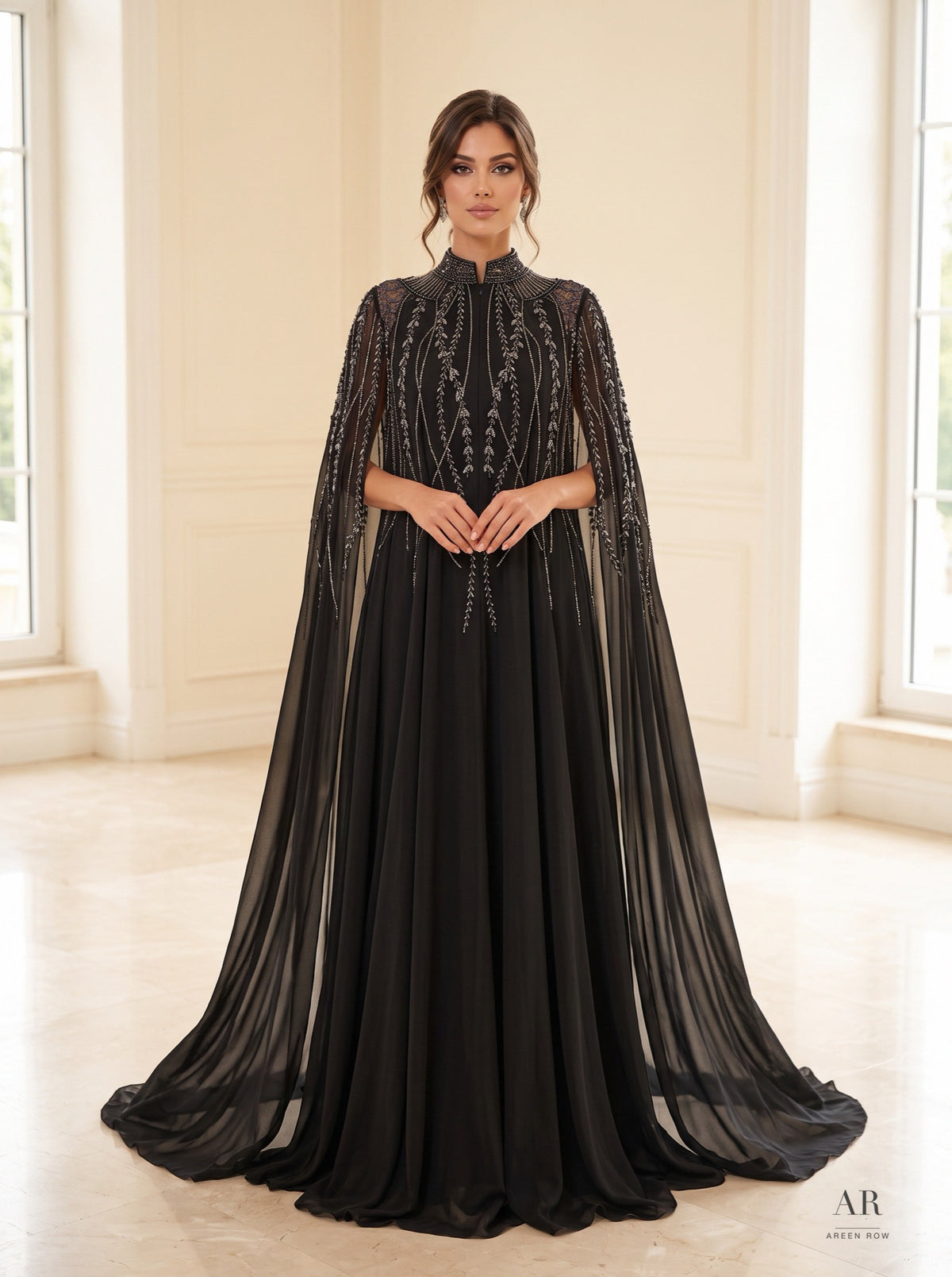 Rania black beaded high-neck cape evening gown by Areen Row
