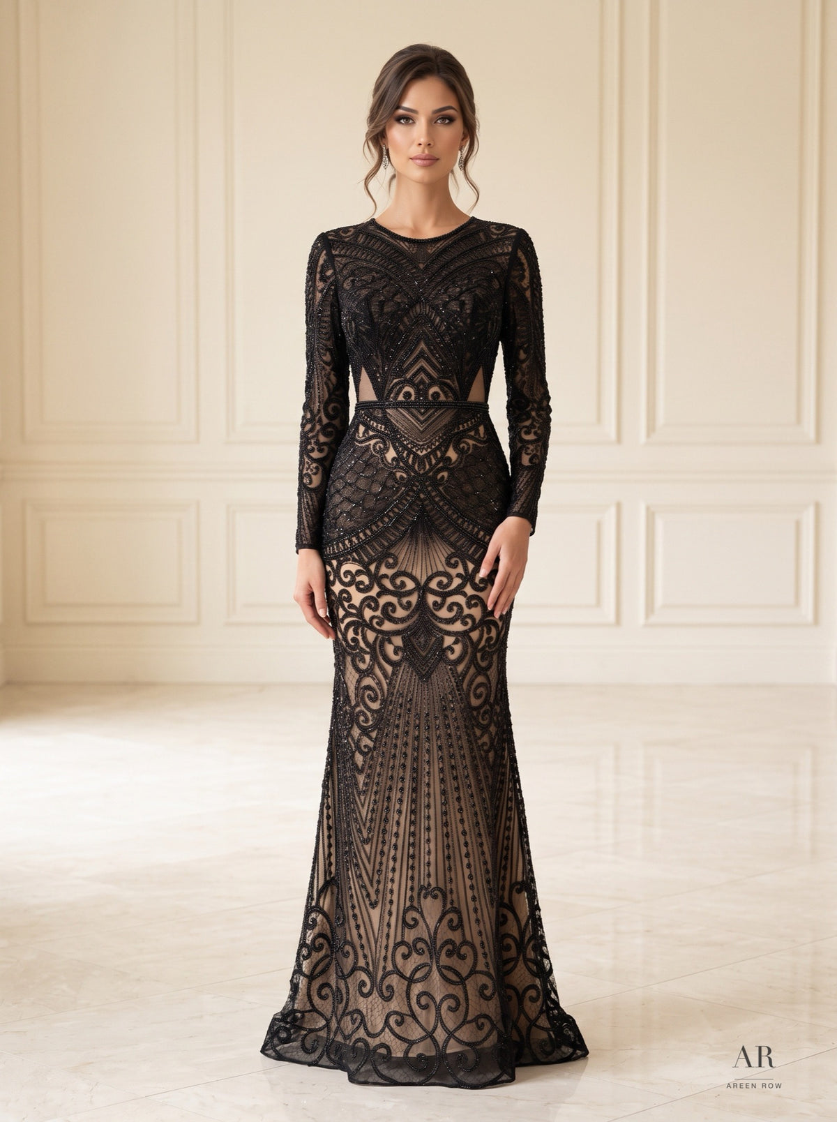 Raya black ornate beaded sheath evening gown by Areen Row