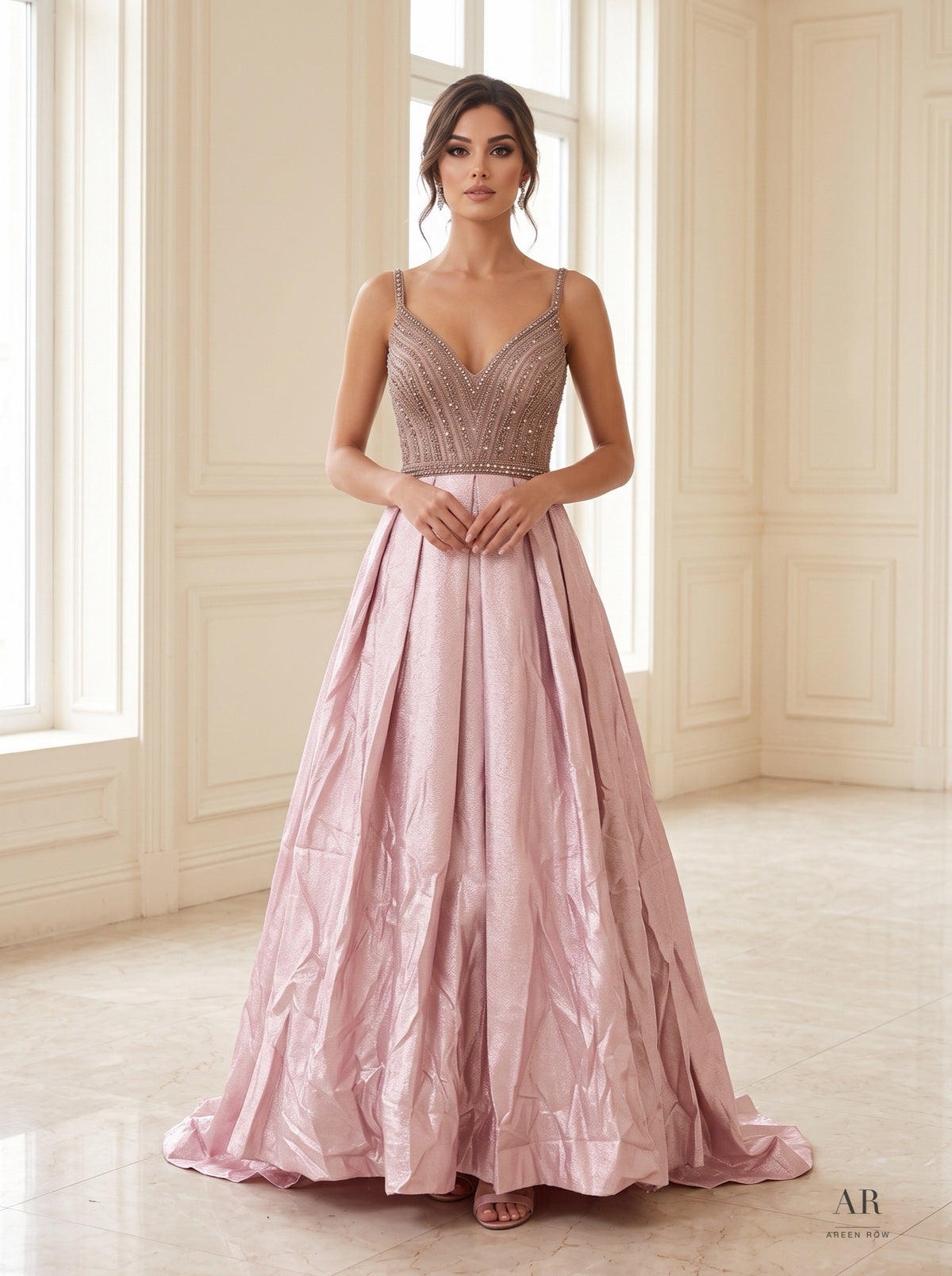 Rhea hot pink beaded metallic pleated evening gown by Areen Row