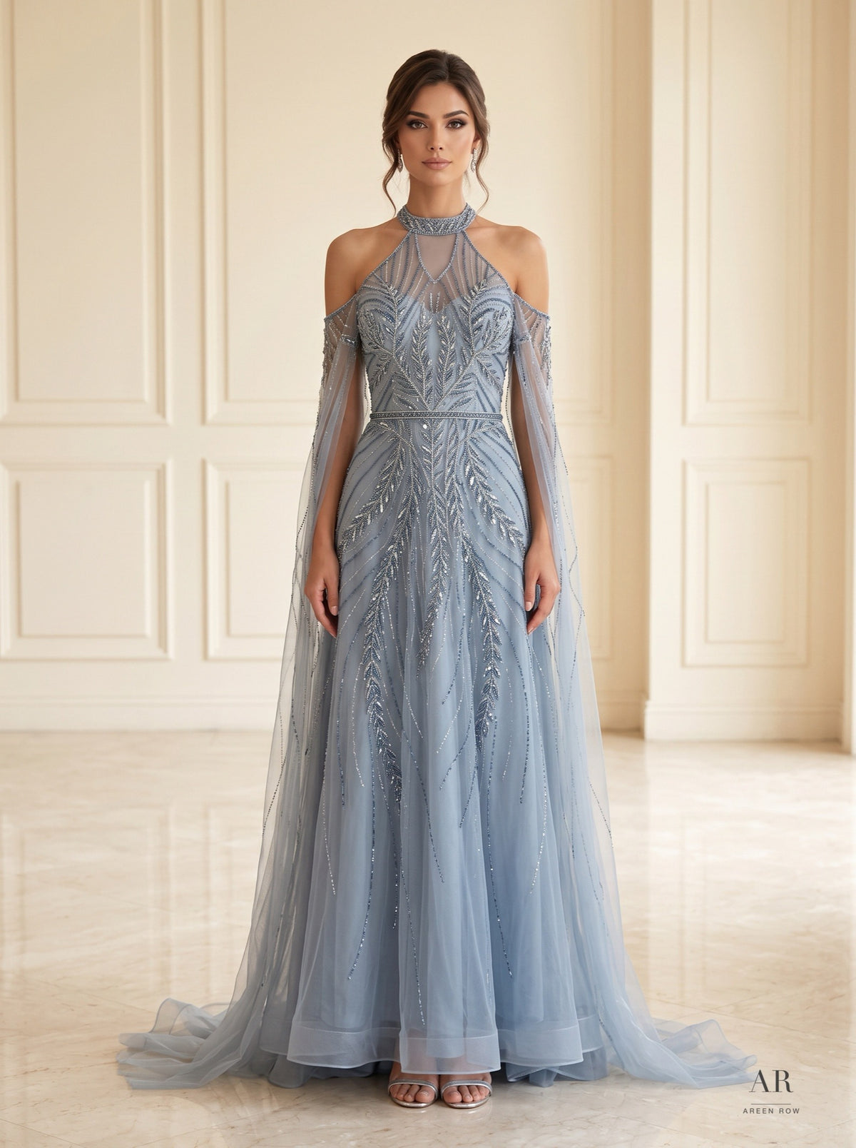 Romy dusty blue beaded cold-shoulder a-line evening gown by Areen Row
