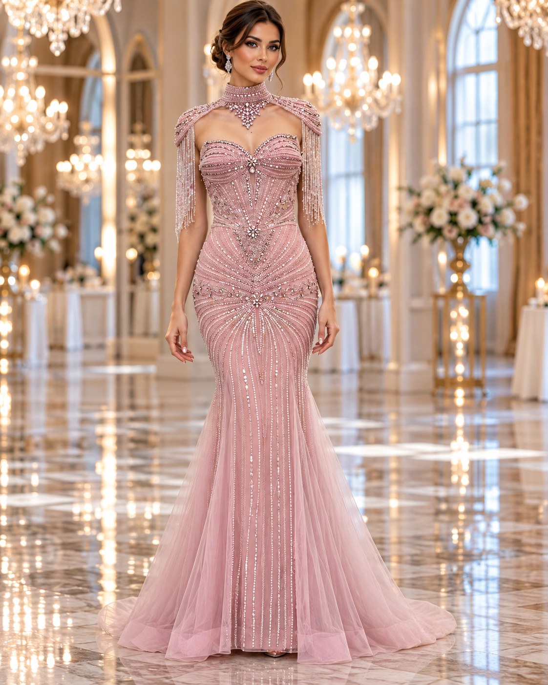 Rosabel blush beaded cape mermaid evening gown by Areen Row, view 3