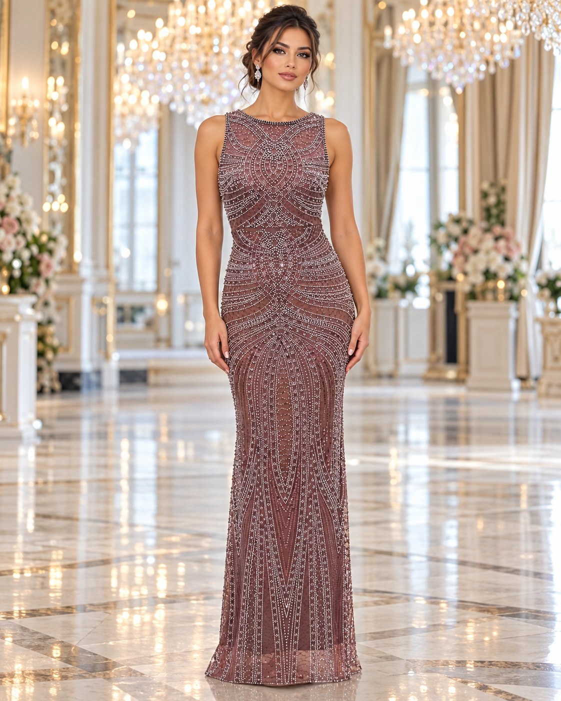 Rosalind beaded sleeveless column evening gown by Areen Row, view 9