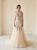 Roxane champagne beaded illusion trumpet overskirt evening gown by Areen Row