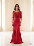 Rumi red beaded illusion trumpet evening gown by Areen Row