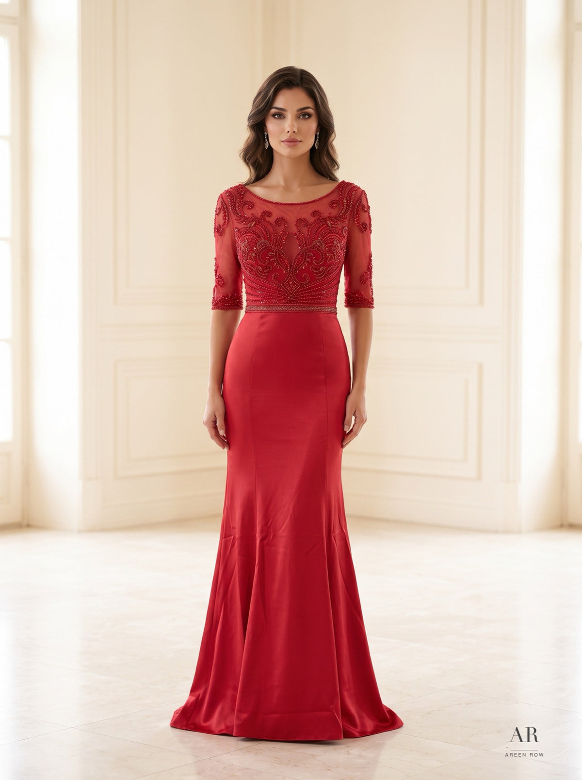 Rumi red beaded illusion trumpet evening gown by Areen Row