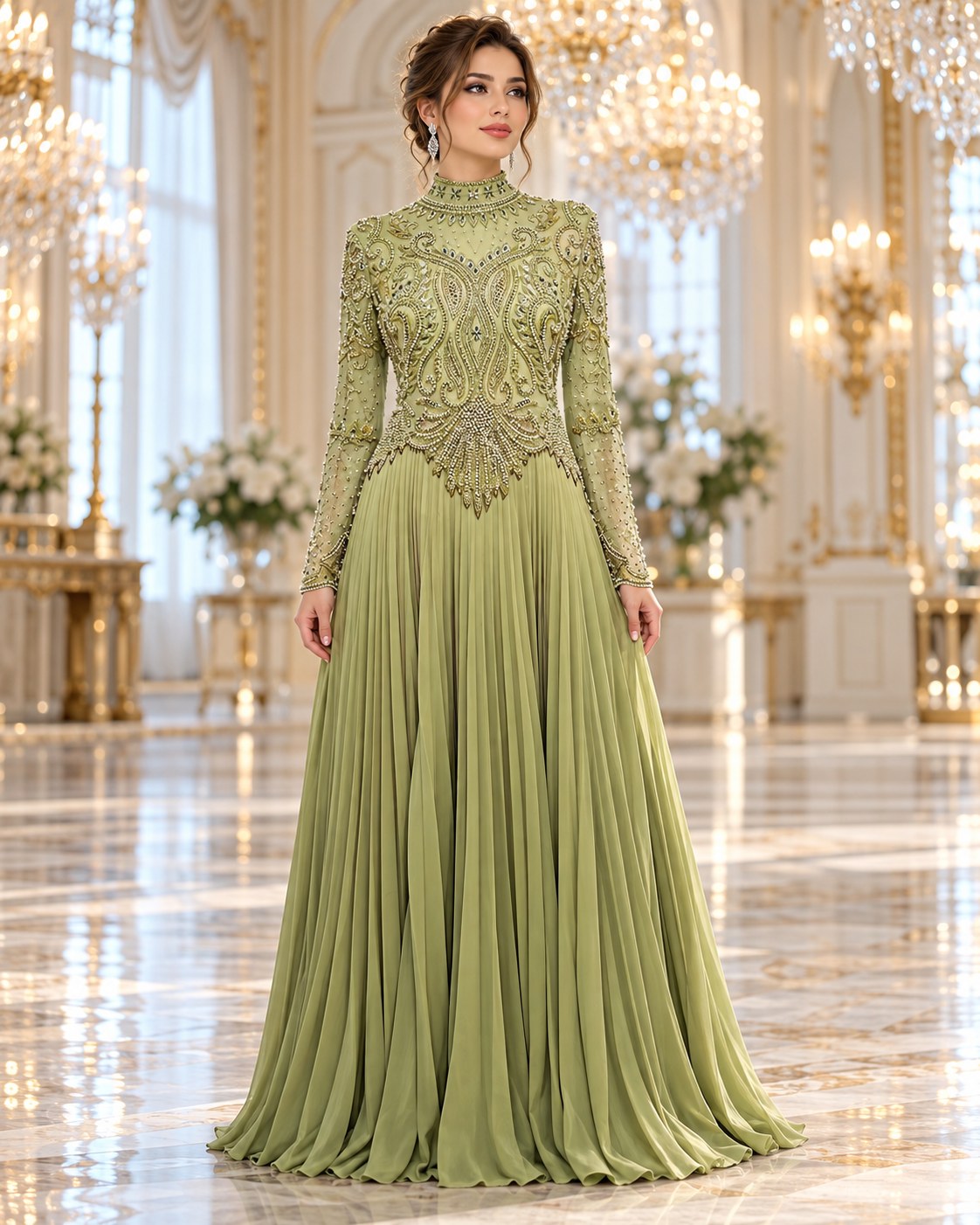 Sabine sage pearl-embroidered pleated mother of the bride gown by Areen Row, view 8