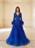 Sabira royal blue feather-cuff beaded a-line evening gown by Areen Row