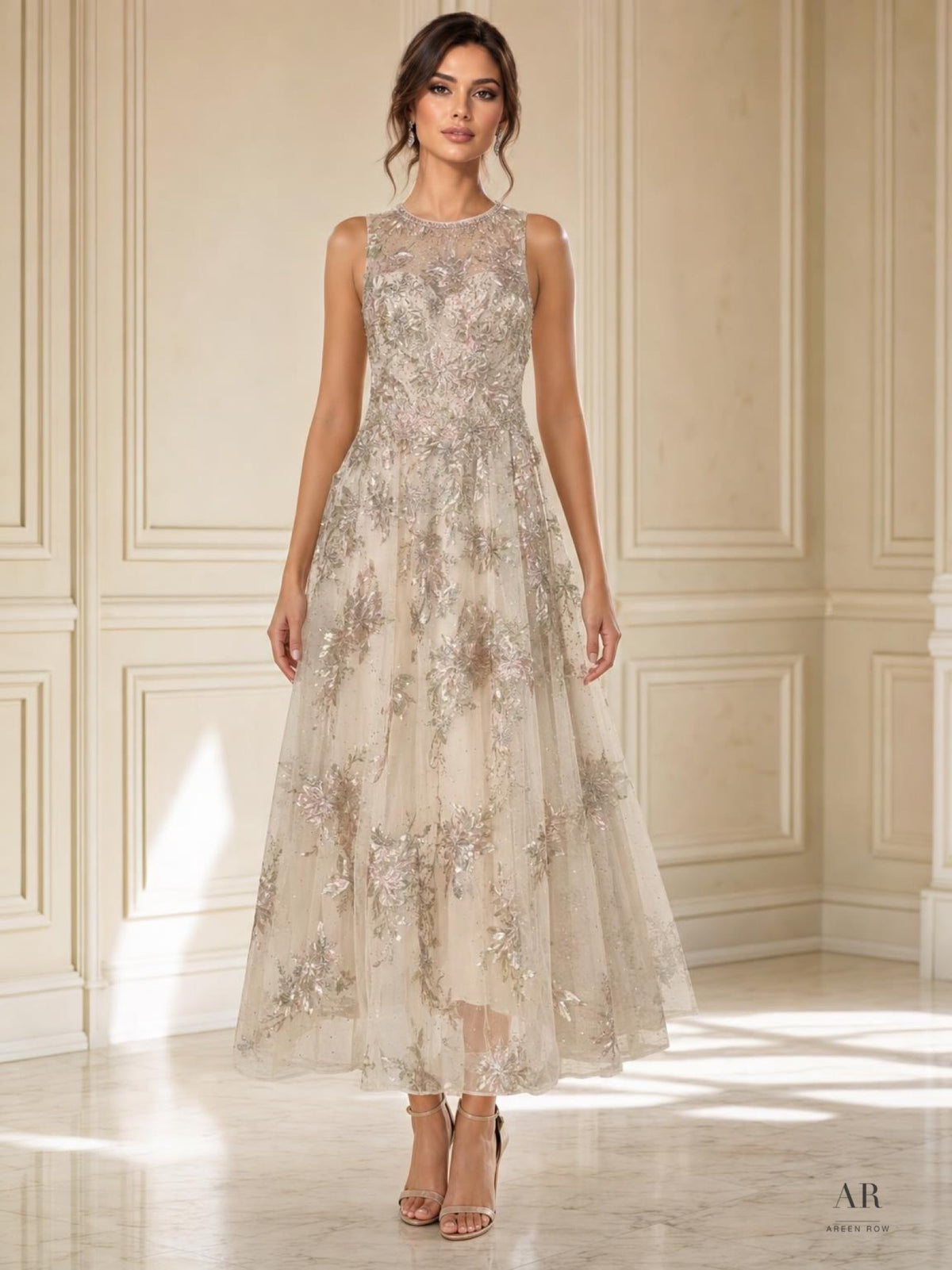 Sabrina Dress champagne embellished illusion bodice a-line cocktail dress by Areen Row
